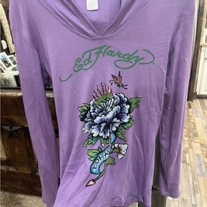 Ed Hardy Purple Long Sleeve Tee with Floral Design